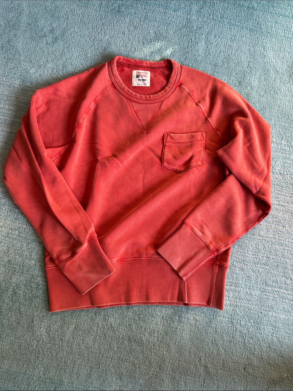 Champion x Toddy Snyder Men's Coral-Red Crewneck Sweatshirt with Chest Pocket